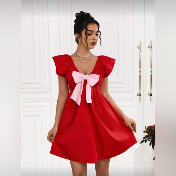 Dresses & Skirts - Women Pink and Red Bow Babydoll Mini Dress